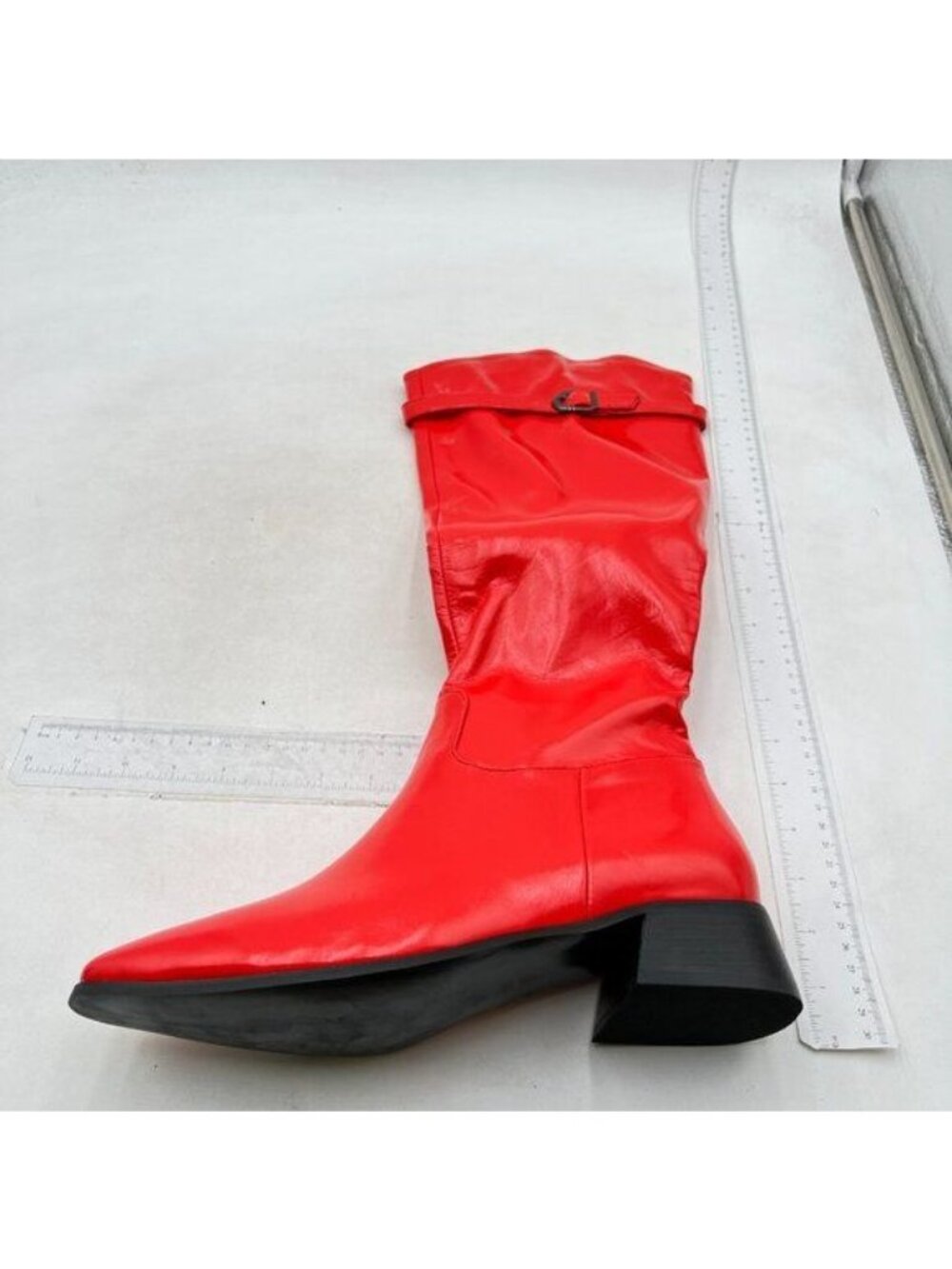 Women Square Toe Flat Knee High Boots Wide Calf Buckled Strappy Chunky Low Heel